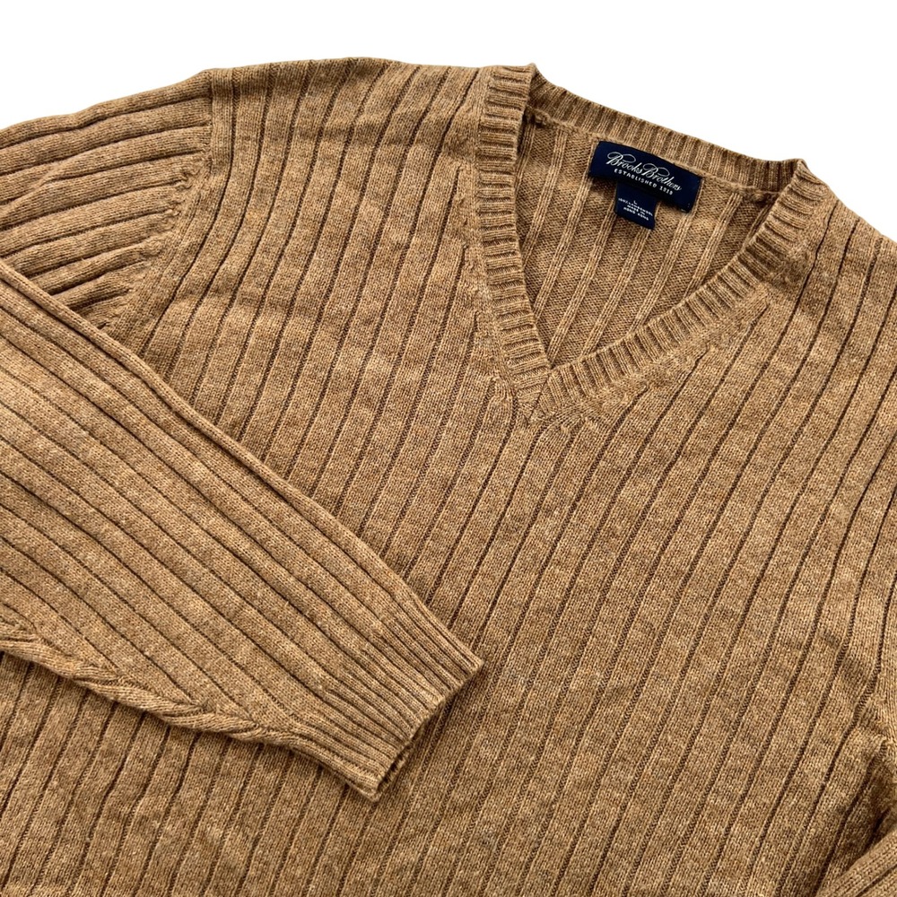 VTG 90s Brooks Brothers V-Neck Sweater Men Large Camel Lambswool Ribbed Knit Ivy